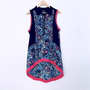 [Nicole Miller] Floral Crepe High-Low Hem Front Zip Pleated Top/Tunic